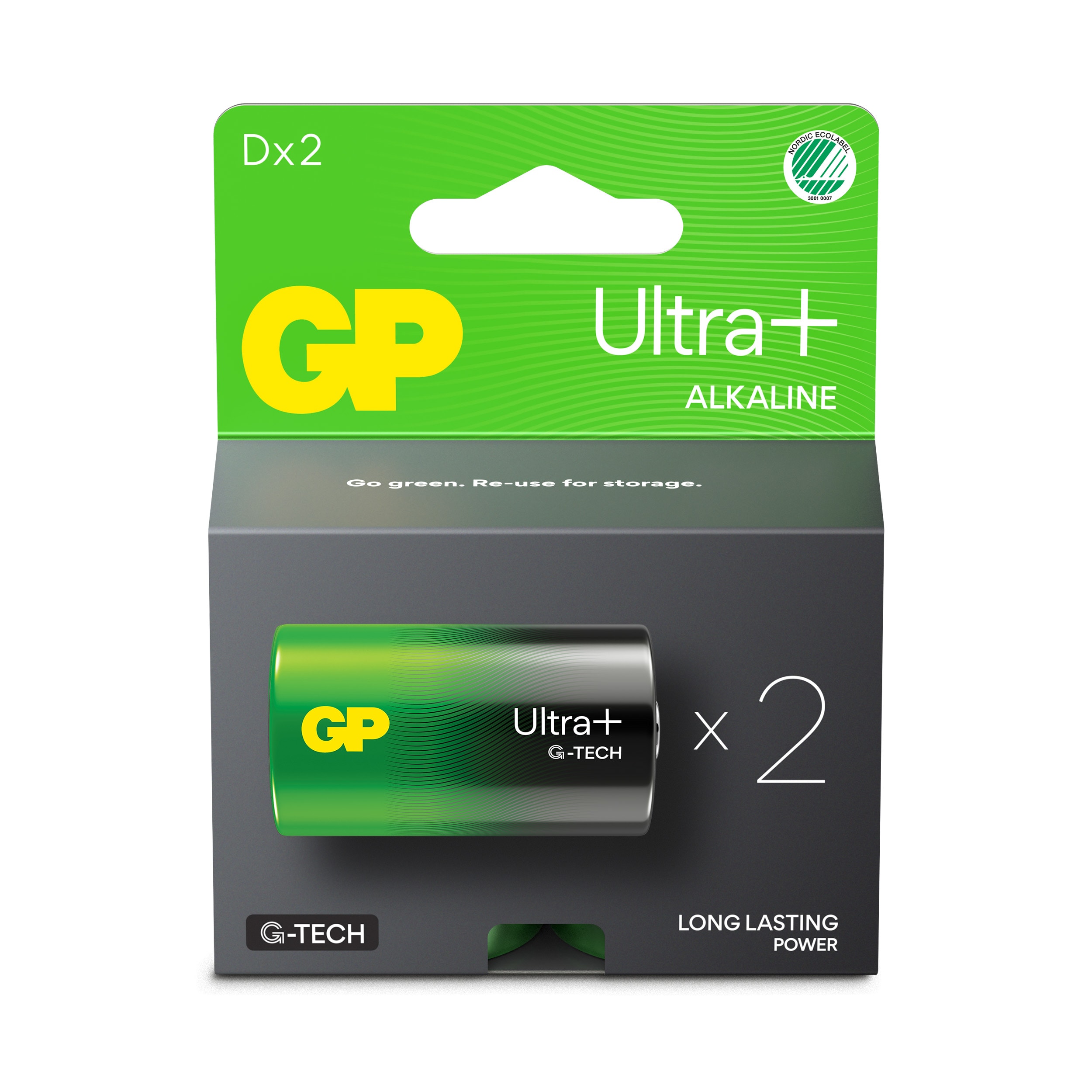 GP Ultra Plus Alkaline D-batteri, 13AUP/LR20, 2-pak